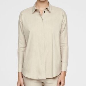 Sarah Pacini Light Beige  Linen Blend Relaxed-Fit Oversized Shirt  Women Size 1